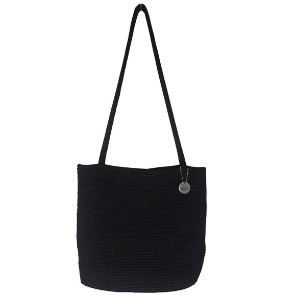 The Sak Handbags - The Sak Black Crochet Tote Shoulder Bag Magnetic Snap Silver Logo Charm Boho